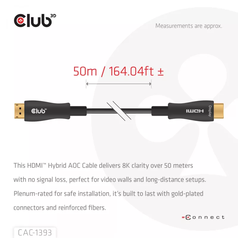 Club 3D HDMI Hybrid AOC kabelis 8K60Hz / 4K120Hz 50 m, HDMI tipo A kištukas–kištukas