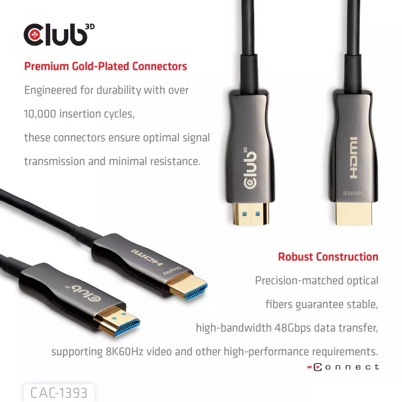 Club 3D HDMI Hybrid AOC kabelis 8K60Hz / 4K120Hz 50 m, HDMI tipo A kištukas–kištukas
