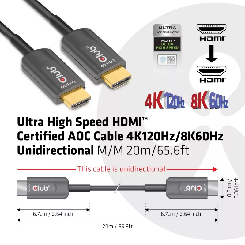 CLUB3D Itin Spartus HDMI™ sertifikuotas AOC laidas 4K120Hz/8K60Hz Vienkryptis M/M 20m