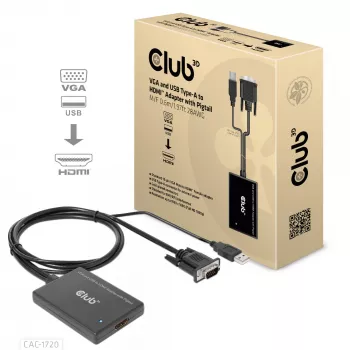 CLUB3D VGA ir USB Type-A į HDMI adapteris su kabeliu M/F 0,6 m / 1,97 pėd. 28 AWG