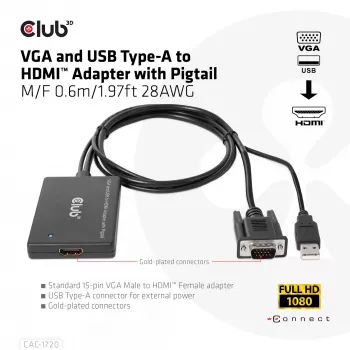 CLUB3D VGA ir USB Type-A į HDMI adapteris su kabeliu M/F 0,6 m / 1,97 pėd. 28 AWG