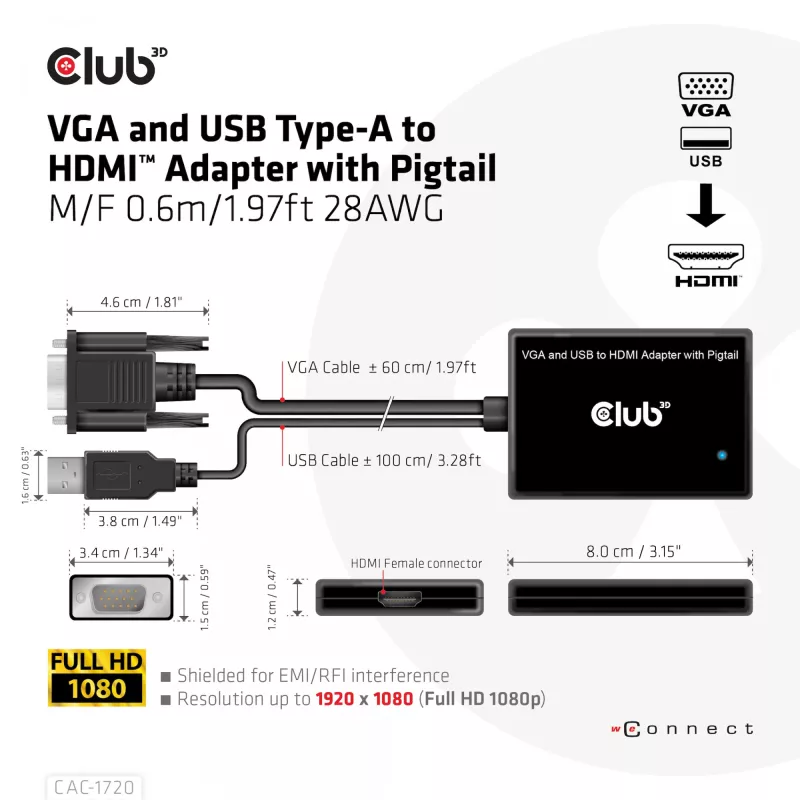 CLUB3D VGA ir USB Type-A į HDMI adapteris su kabeliu M/F 0,6 m / 1,97 pėd. 28 AWG