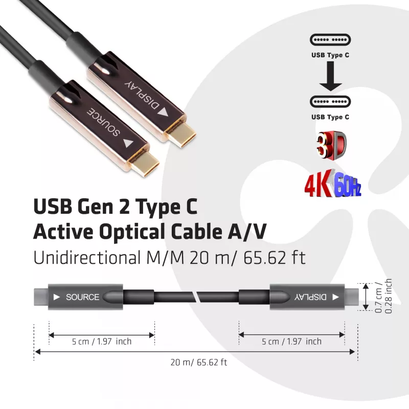 CLUB3D USB Gen 2 Type C Active Optical kabelis A/V Unidirectional M/M 20 m