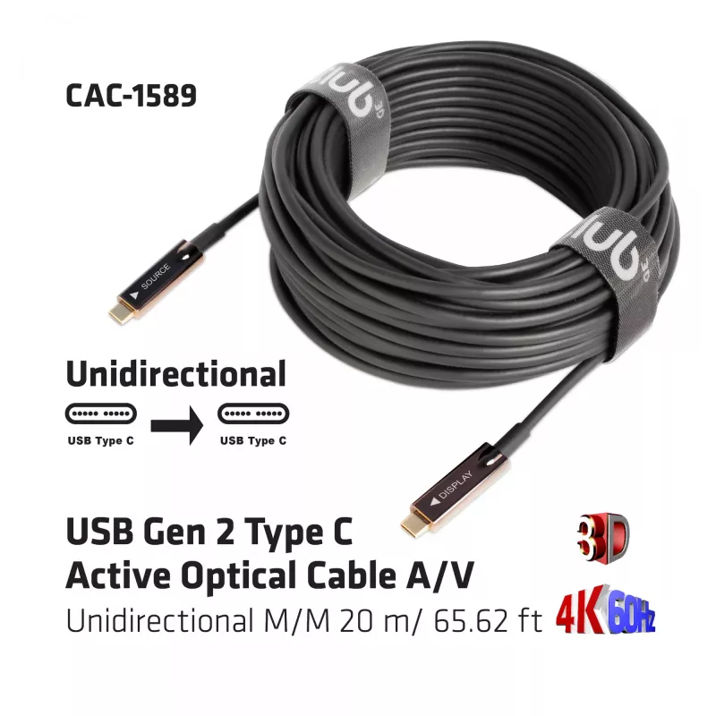 CLUB3D USB Gen 2 Type C Active Optical kabelis A/V Unidirectional M/M 20 m