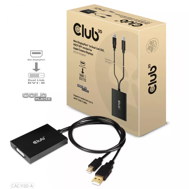 CLUB3D Mini DisplayPort į Dual Link DVI, HDCP OFF versija, skirta Apple Cinema Display – aktyvus adapteris