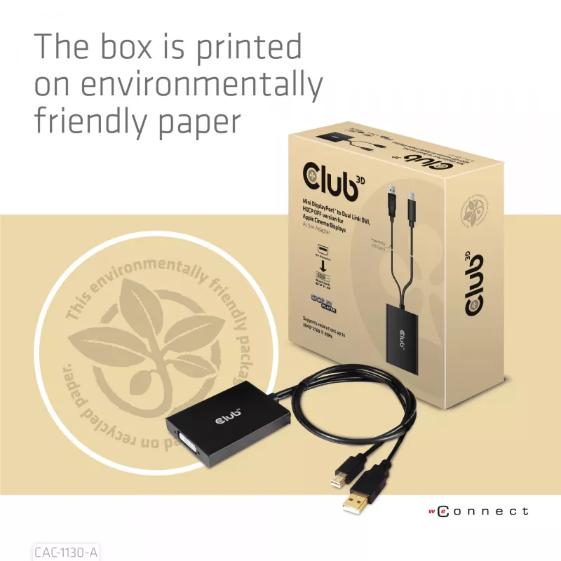 CLUB3D Mini DisplayPort į Dual Link DVI, HDCP OFF versija, skirta Apple Cinema Display – aktyvus adapteris