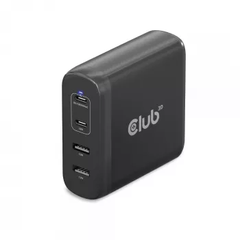 CLUB3D kelioninis įkroviklis 100 W GaN technologija, keturi prievadai USB Type-A (2 vnt.) ir -C (2 vnt.), Power Delivery (PD) 3.0 palaikymas