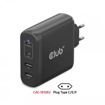 CLUB3D kelioninis įkroviklis 100 W GaN technologija, keturi prievadai USB Type-A (2 vnt.) ir -C (2 vnt.), Power Delivery (PD) 3.0 palaikymas