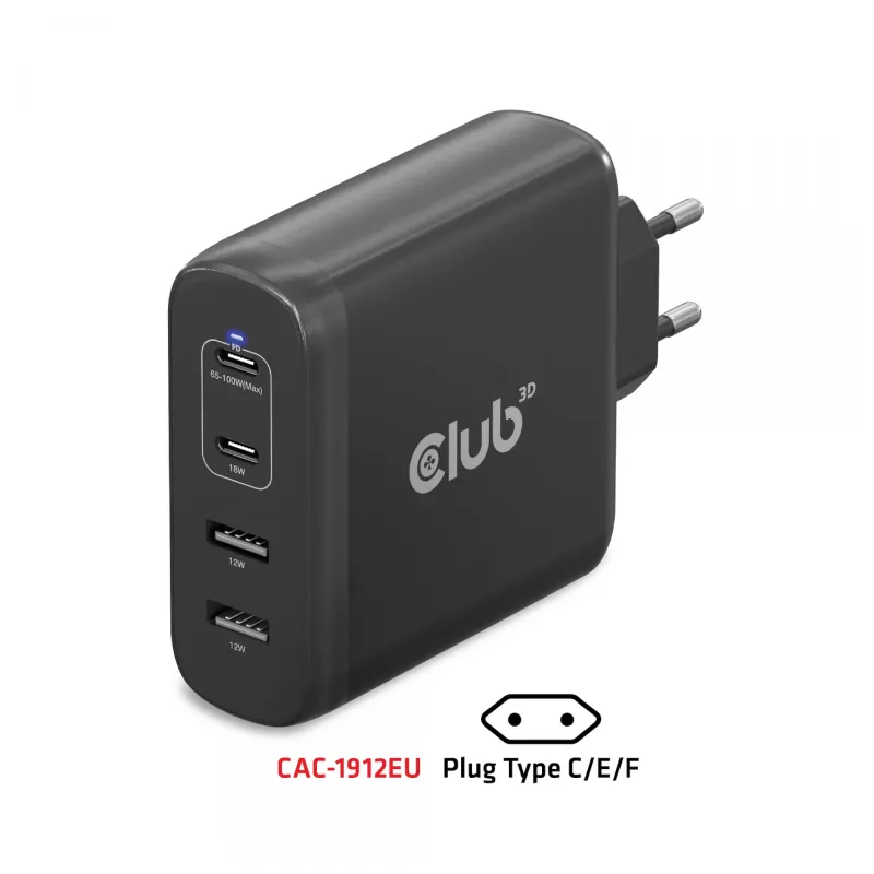 CLUB3D kelioninis įkroviklis 100 W GaN technologija, keturi prievadai USB Type-A (2 vnt.) ir -C (2 vnt.), Power Delivery (PD) 3.0 palaikymas