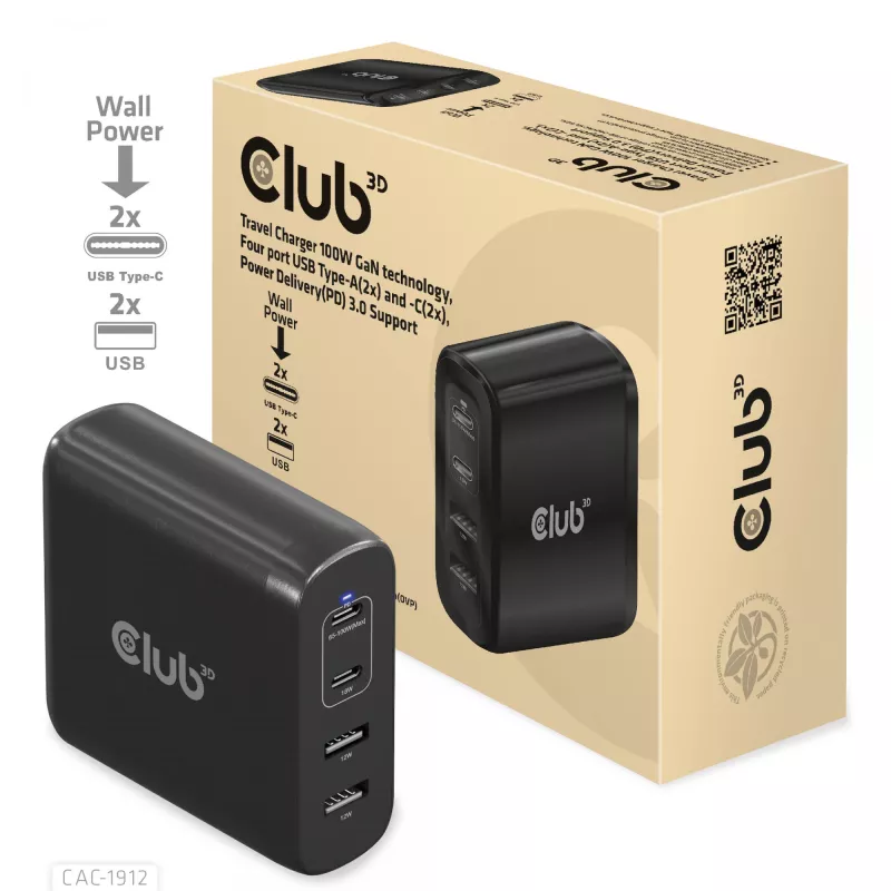 CLUB3D kelioninis įkroviklis 100 W GaN technologija, keturi prievadai USB Type-A (2 vnt.) ir -C (2 vnt.), Power Delivery (PD) 3.0 palaikymas