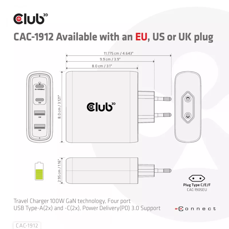 CLUB3D kelioninis įkroviklis 100 W GaN technologija, keturi prievadai USB Type-A (2 vnt.) ir -C (2 vnt.), Power Delivery (PD) 3.0 palaikymas