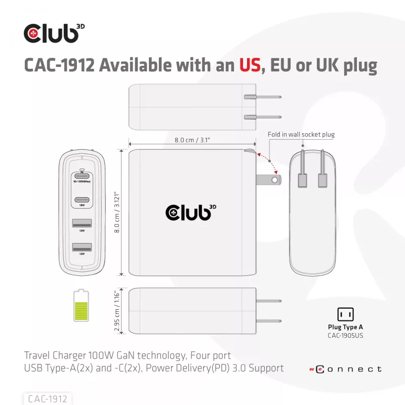 CLUB3D kelioninis įkroviklis 100 W GaN technologija, keturi prievadai USB Type-A (2 vnt.) ir -C (2 vnt.), Power Delivery (PD) 3.0 palaikymas