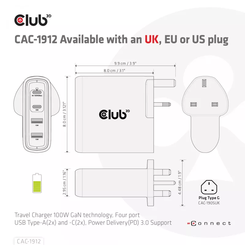 CLUB3D kelioninis įkroviklis 100 W GaN technologija, keturi prievadai USB Type-A (2 vnt.) ir -C (2 vnt.), Power Delivery (PD) 3.0 palaikymas