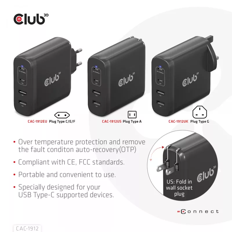 CLUB3D kelioninis įkroviklis 100 W GaN technologija, keturi prievadai USB Type-A (2 vnt.) ir -C (2 vnt.), Power Delivery (PD) 3.0 palaikymas