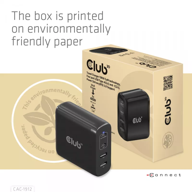 CLUB3D kelioninis įkroviklis 100 W GaN technologija, keturi prievadai USB Type-A (2 vnt.) ir -C (2 vnt.), Power Delivery (PD) 3.0 palaikymas