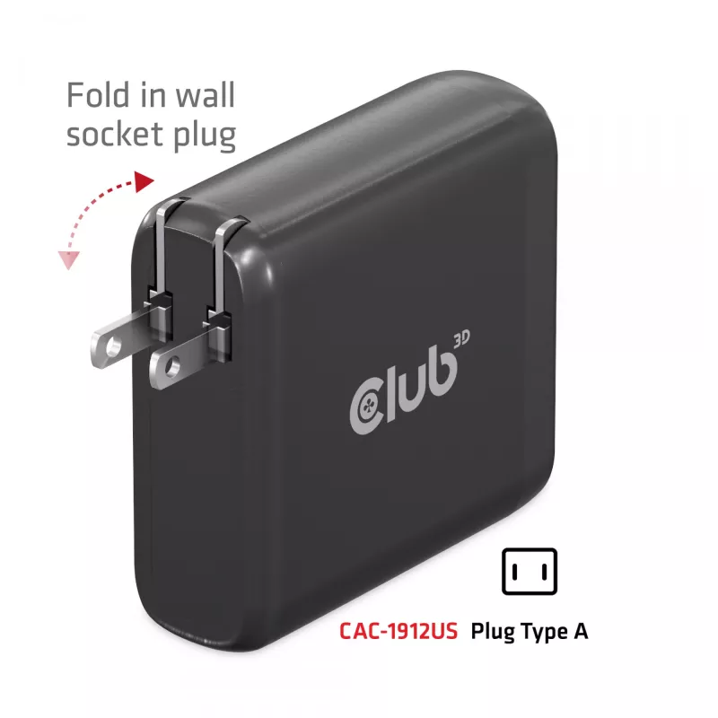 CLUB3D kelioninis įkroviklis 100 W GaN technologija, keturi prievadai USB Type-A (2 vnt.) ir -C (2 vnt.), Power Delivery (PD) 3.0 palaikymas