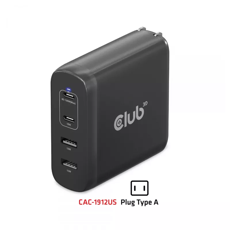 CLUB3D kelioninis įkroviklis 100 W GaN technologija, keturi prievadai USB Type-A (2 vnt.) ir -C (2 vnt.), Power Delivery (PD) 3.0 palaikymas