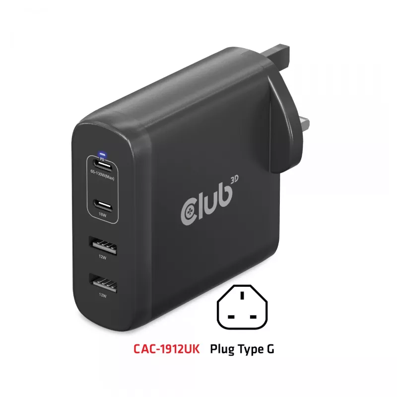 CLUB3D kelioninis įkroviklis 100 W GaN technologija, keturi prievadai USB Type-A (2 vnt.) ir -C (2 vnt.), Power Delivery (PD) 3.0 palaikymas