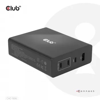 CLUB3D kelioninis įkroviklis 132W su GaN technologija, keturi prievadai USB Type-A ir -C, palaiko Power Delivery (PD) 3.0