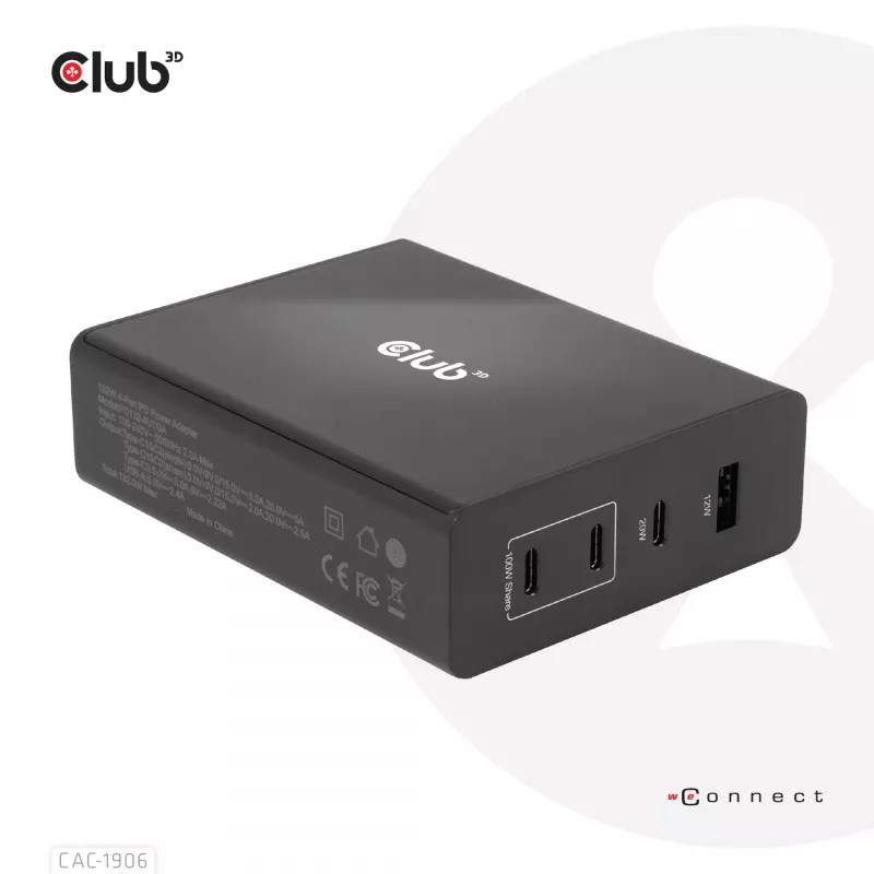 CLUB3D kelioninis įkroviklis 132W su GaN technologija, keturi prievadai USB Type-A ir -C, palaiko Power Delivery (PD) 3.0