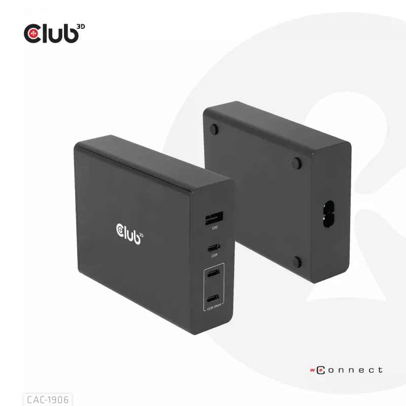 CLUB3D kelioninis įkroviklis 132W su GaN technologija, keturi prievadai USB Type-A ir -C, palaiko Power Delivery (PD) 3.0