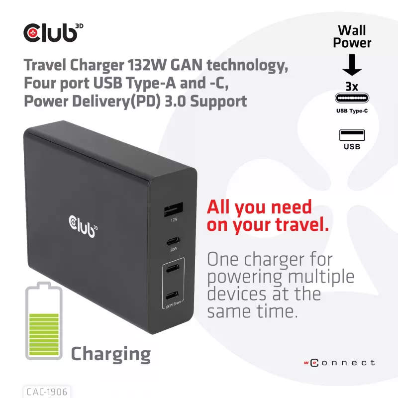 CLUB3D kelioninis įkroviklis 132W su GaN technologija, keturi prievadai USB Type-A ir -C, palaiko Power Delivery (PD) 3.0