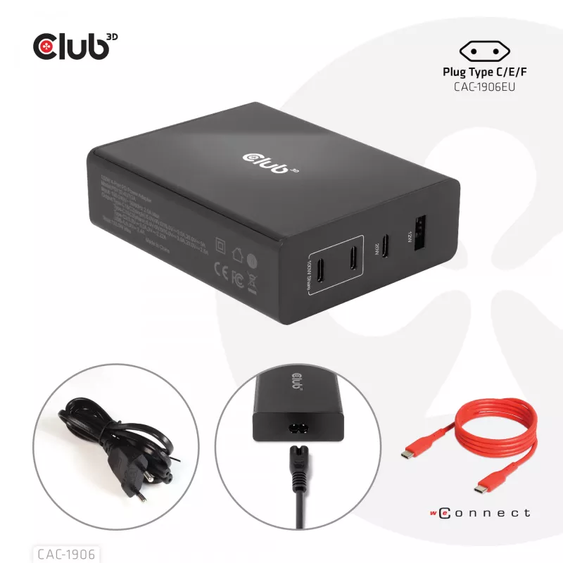 CLUB3D kelioninis įkroviklis 132W su GaN technologija, keturi prievadai USB Type-A ir -C, palaiko Power Delivery (PD) 3.0