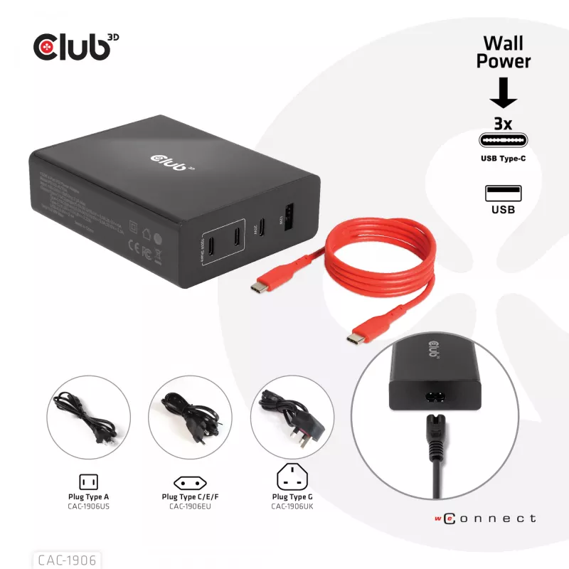 CLUB3D kelioninis įkroviklis 132W su GaN technologija, keturi prievadai USB Type-A ir -C, palaiko Power Delivery (PD) 3.0