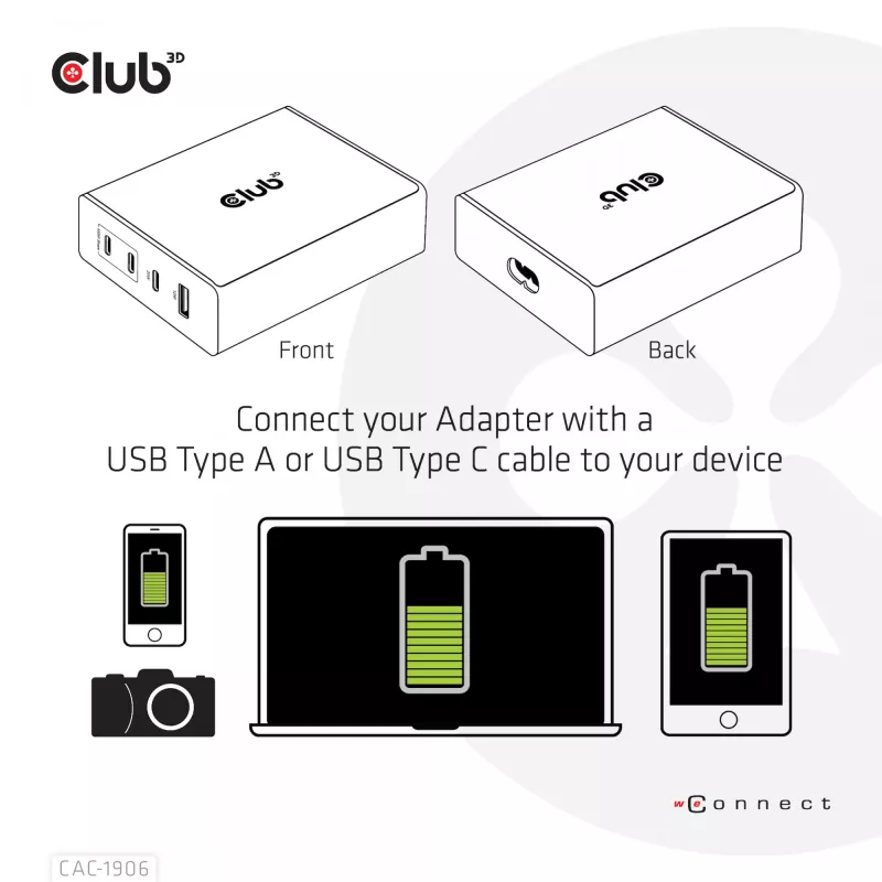 CLUB3D kelioninis įkroviklis 132W su GaN technologija, keturi prievadai USB Type-A ir -C, palaiko Power Delivery (PD) 3.0