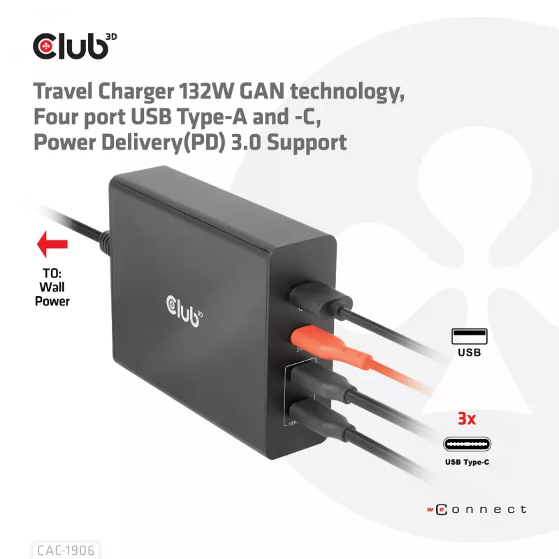 CLUB3D kelioninis įkroviklis 132W su GaN technologija, keturi prievadai USB Type-A ir -C, palaiko Power Delivery (PD) 3.0