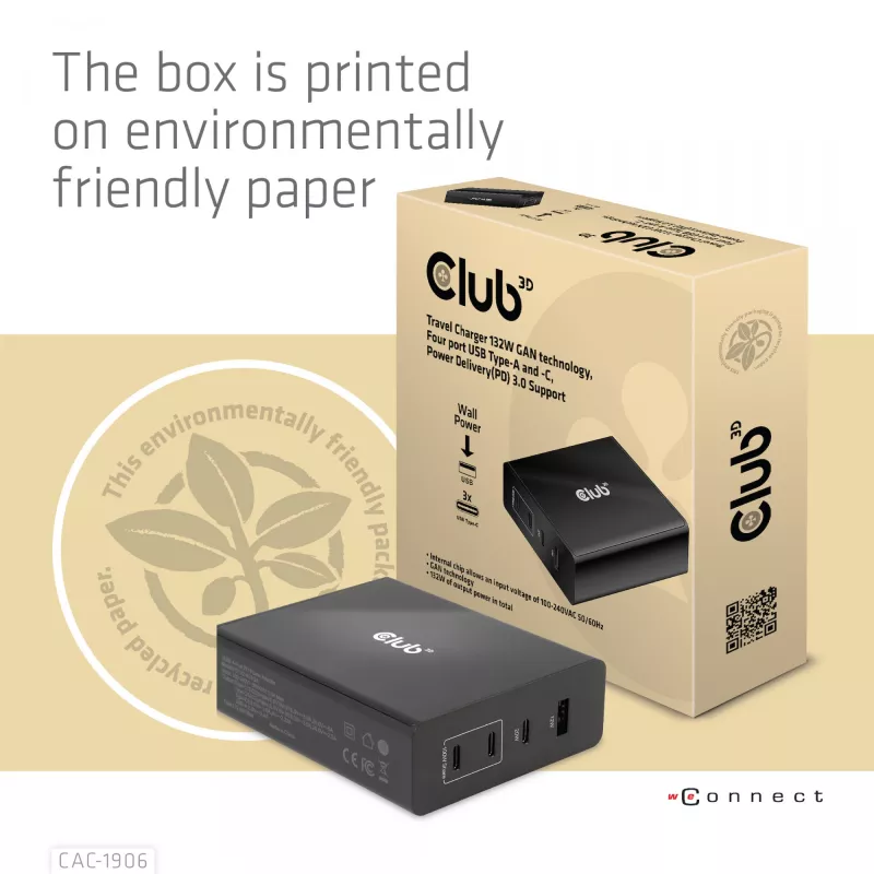 CLUB3D kelioninis įkroviklis 132W su GaN technologija, keturi prievadai USB Type-A ir -C, palaiko Power Delivery (PD) 3.0