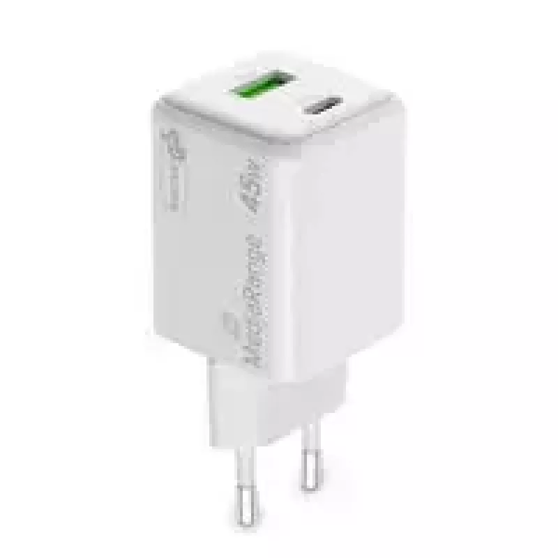 MediaRange MRMA113-2 USB-C 45W kintamos srovės patalpų įkroviklis išmaniajam telefonui ir planšetiniam kompiuteriui, baltas, įvestis 100–240 V