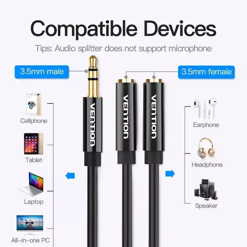 Vention 3,5 mm kištuko į 2×3,5 mm lizdą stereo skirstiklio laidas, 0,3 m, juodas, ABS