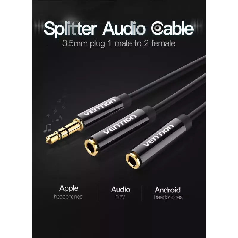 Vention 3,5 mm kištuko į 2×3,5 mm lizdą stereo skirstiklio laidas, 0,3 m, juodas, ABS