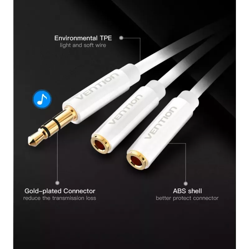 Vention 3,5 mm kištuko į 2×3,5 mm lizdą stereo skirstiklio laidas, 0,3 m, juodas, ABS