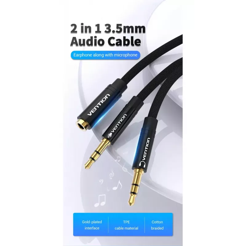 Vention garso adapterio laidas 2×3,5 mm kištukinis į 4 polių 3,5 mm lizdinę, 0,3 m, juodas