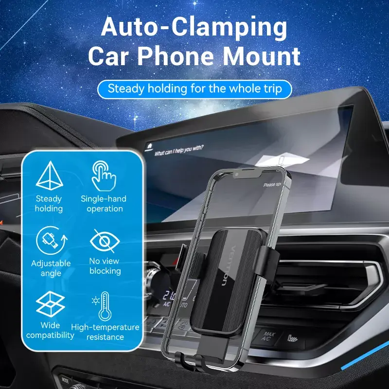 Automobilinis ventiliacijos telefono laikiklis Vention KCTB0 — pasyvus automatiškai užsispaudžiantis laikiklis, skirtas 4,7–7,2 colių telefonams, juodas, ABS/TPU, 117,6×73×84,3 mm