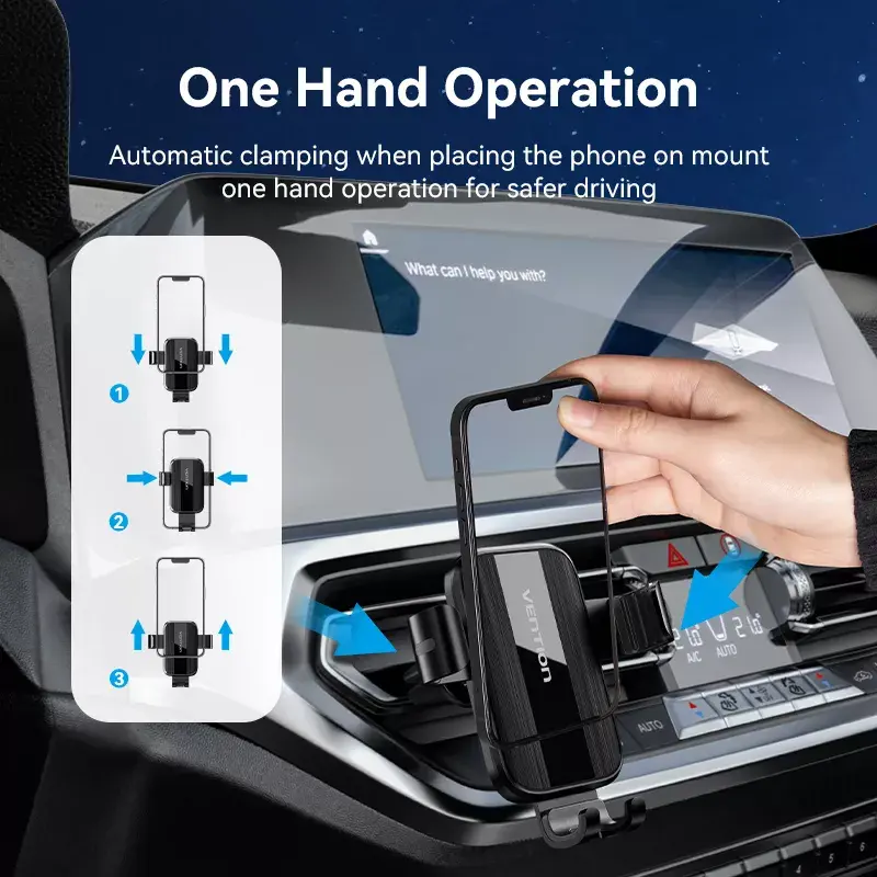 Automobilinis ventiliacijos telefono laikiklis Vention KCTB0 — pasyvus automatiškai užsispaudžiantis laikiklis, skirtas 4,7–7,2 colių telefonams, juodas, ABS/TPU, 117,6×73×84,3 mm