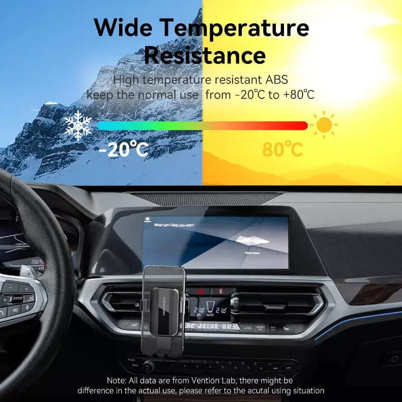 Automobilinis ventiliacijos telefono laikiklis Vention KCTB0 — pasyvus automatiškai užsispaudžiantis laikiklis, skirtas 4,7–7,2 colių telefonams, juodas, ABS/TPU, 117,6×73×84,3 mm