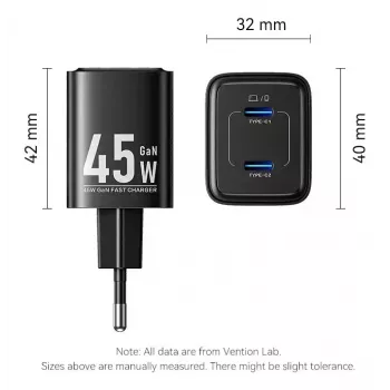 Vention FEFW0-EU kintamosios srovės patalpų greitasis 45W įkroviklis, 2x USB-C, suderinamas su išmaniaisiais telefonais, nešiojamaisiais kompiuteriais, planšetėmis, išmaniaisiais laikrodžiais, ausinėmis, baltas