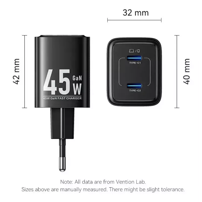 Vention FEFW0-EU kintamosios srovės patalpų greitasis 45W įkroviklis, 2x USB-C, suderinamas su išmaniaisiais telefonais, nešiojamaisiais kompiuteriais, planšetėmis, išmaniaisiais laikrodžiais, ausinėmis, baltas