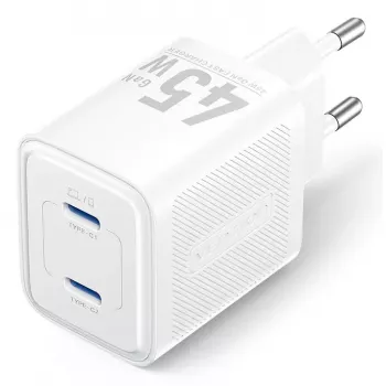 Vention FEFW0-EU kintamosios srovės patalpų greitasis 45W įkroviklis, 2x USB-C, suderinamas su išmaniaisiais telefonais, nešiojamaisiais kompiuteriais, planšetėmis, išmaniaisiais laikrodžiais, ausinėmis, baltas
