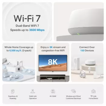 TP-Link DECO BE22(1-PACK) tinklinė Wi-Fi sistema Dviejų dažnių (2,4 GHz / 5 GHz) Wi-Fi 7 (802.11be) Balta 2 Vidinės