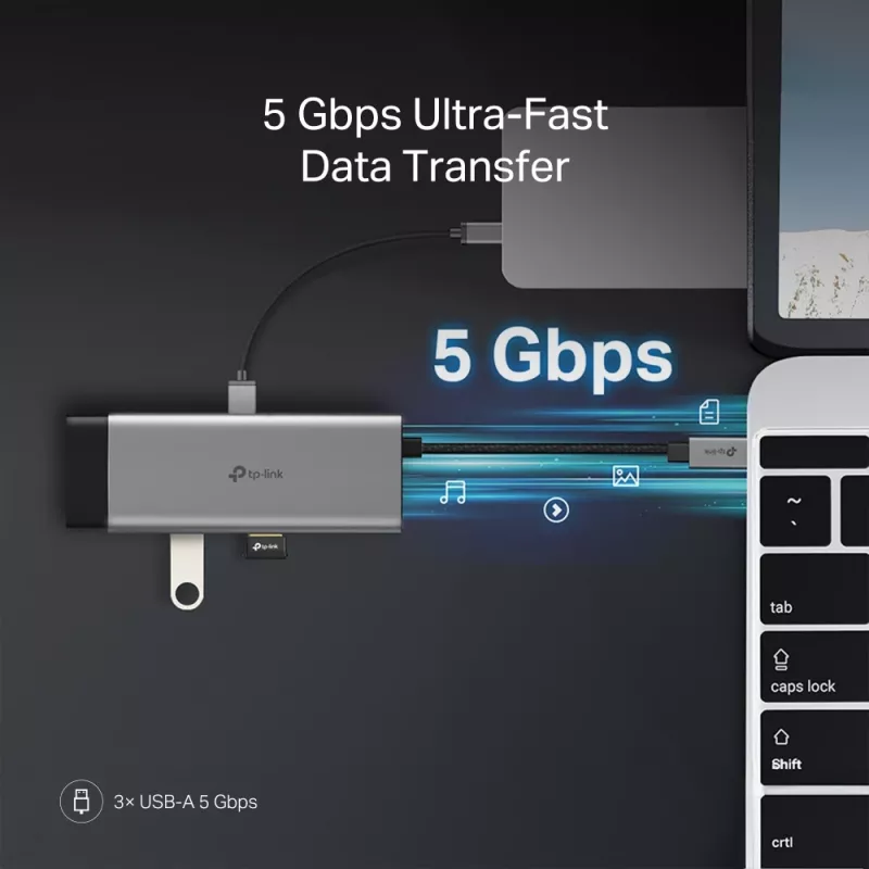 USB Type-C šakotuvas TP-Link UH7021C — HDMI, USB 3.2 Gen1, USB 2.0, SD/microSD, 5000 Mbit/s, aliuminis juodas