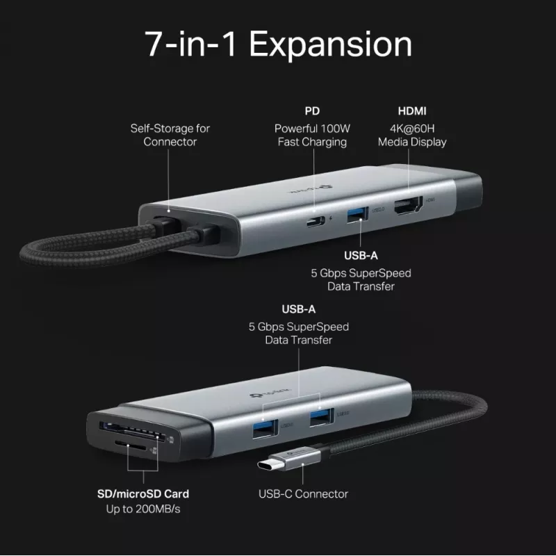 USB Type-C šakotuvas TP-Link UH7021C — HDMI, USB 3.2 Gen1, USB 2.0, SD/microSD, 5000 Mbit/s, aliuminis juodas