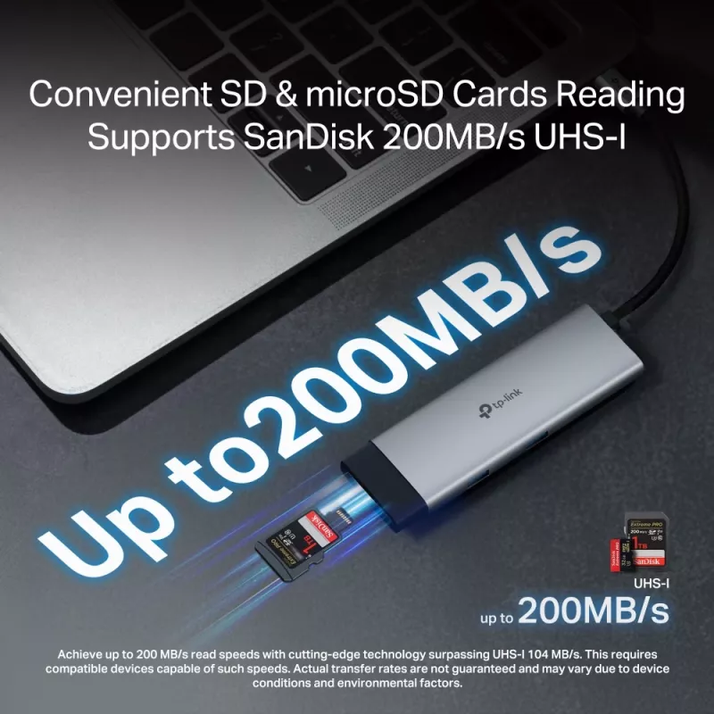USB Type-C šakotuvas TP-Link UH7021C — HDMI, USB 3.2 Gen1, USB 2.0, SD/microSD, 5000 Mbit/s, aliuminis juodas
