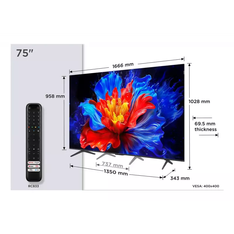 Televizorius TCL P8K 75 colių 4K QLED HDR ekranas 3840 x 2160