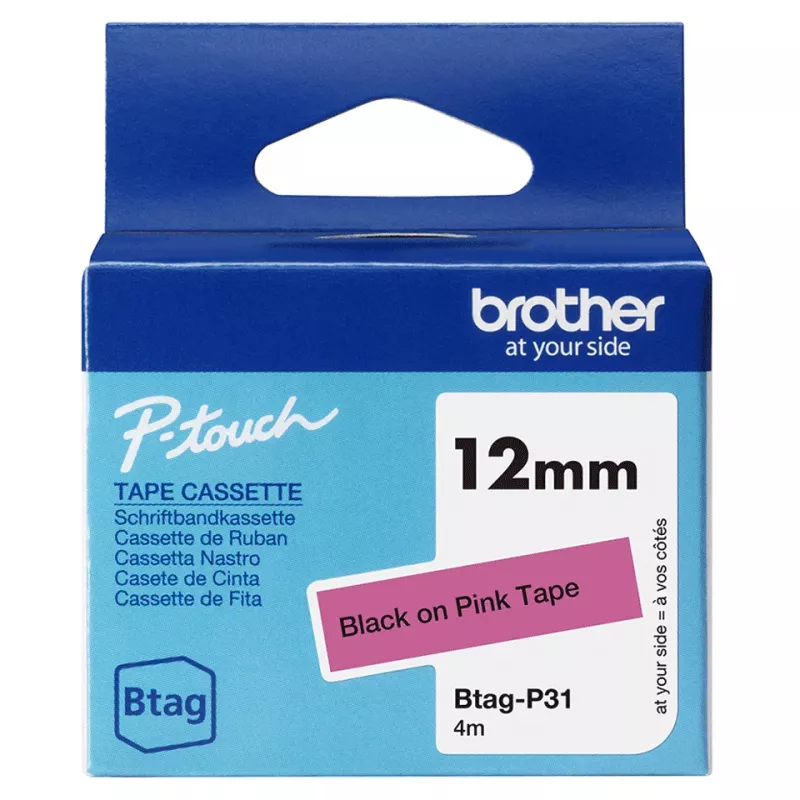 Etikečių gamybos juosta Brother BTAG-P31 Juoda ant rožinės 1.2 cm 4 m