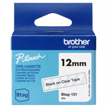 Etikečių gamybos juostelė Brother BTAG-131 juoda ant skaidrios 1,2 cm 4 m