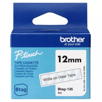 Etikečių juostelė Brother BTAG-135 Balta ant permatomos 1,2 cm 4 m